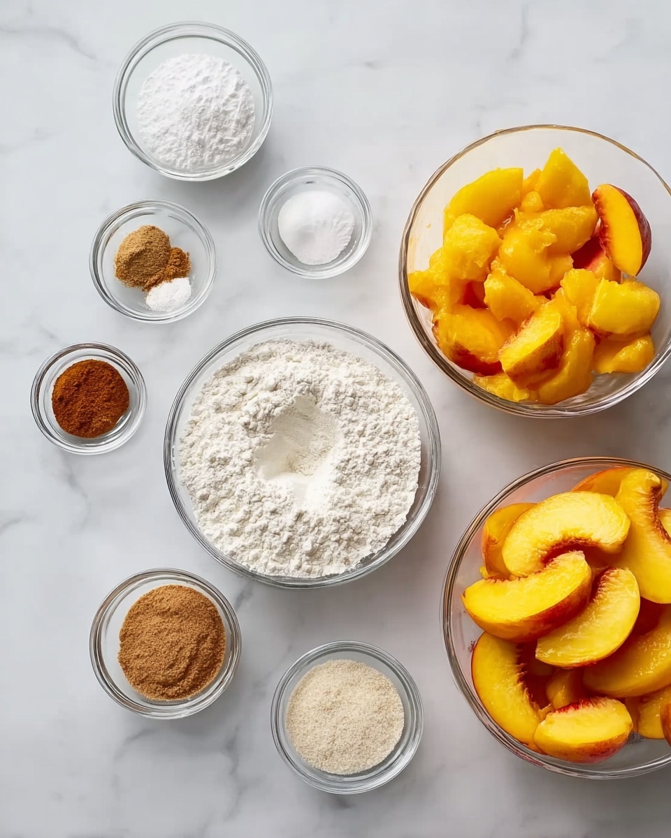 The image shows several small clear glass bowls with baking ingredients arranged on a white marbled surface. There are seven small bowls with white powdery items, brown spices, and a couple with light brown and white granulated ingredients. A larger clear glass bowl on the right is filled with peeled, sliced peaches in yellow and orange shades. In the middle, a medium clear glass bowl holds white flour with a small dip in the center, showing the powder's fine texture. All the bowls are placed neatly, showing the ingredients separately and clearly. photo taken with an iphone --ar 4:5 --v 7