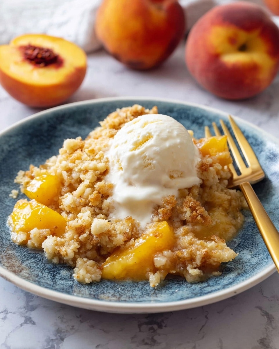 A white plate holds a peach crumble dessert with visible soft yellow peach slices at the bottom, topped with golden crumbly crust pieces and a scoop of creamy vanilla ice cream melting slightly on top. A gold fork rests on the right side of the plate, placed on a white marbled surface. Three whole peaches sit blurred in the background, adding warm orange and red tones to the setting. The photo has a cozy and inviting feel, with a close-up focus showing texture details in the crumble and ice cream. photo taken with an iphone --ar 4:5 --v 7