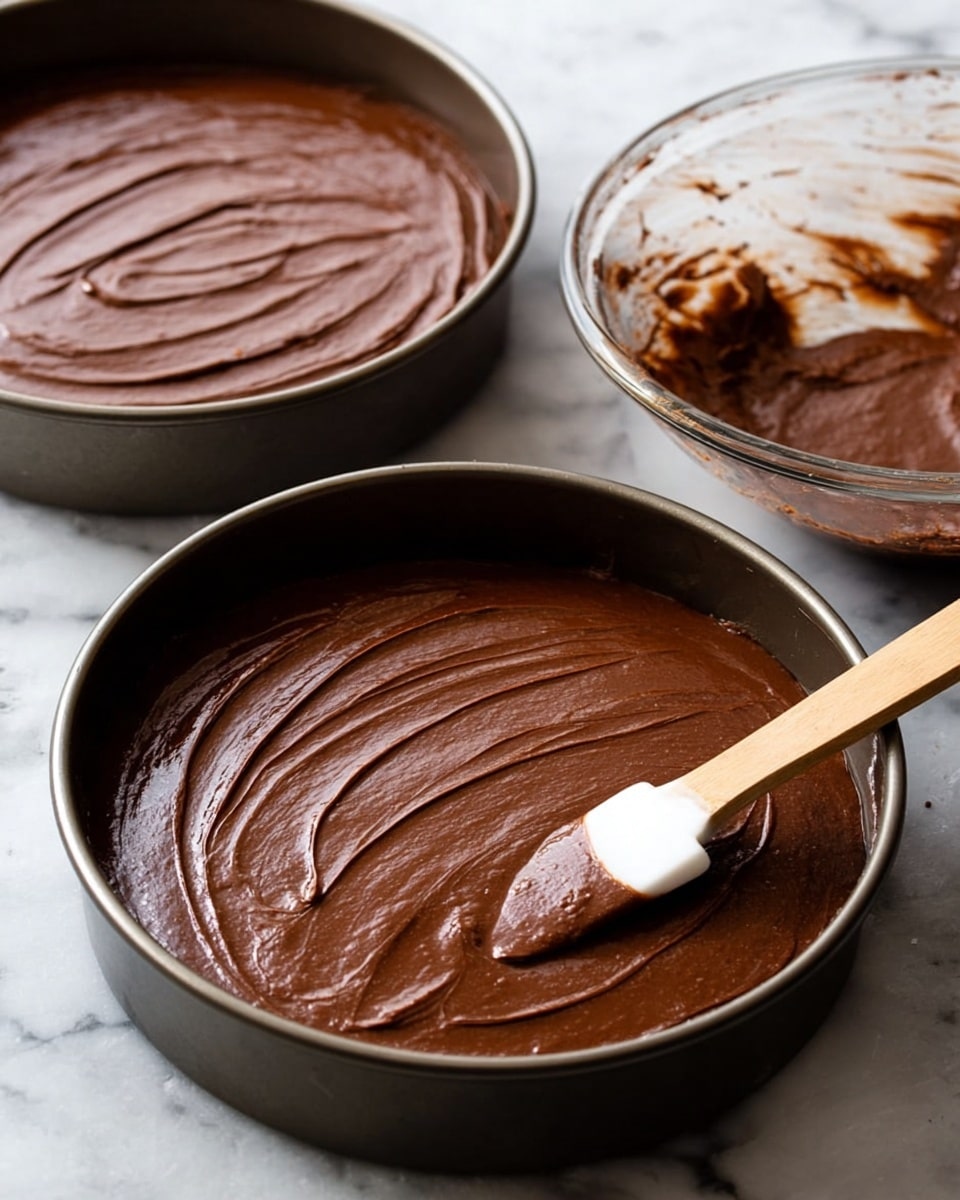 The image shows two round baking pans filled with smooth, rich, dark brown chocolate batter spread evenly inside. In the foreground pan, a wooden spatula with a white tip is gently swiping the batter, creating soft, curved lines on the shiny surface. Next to the pans, there is a clear glass bowl with some chocolate batter residue on its side. The pans are placed on a white marbled background that gives a clean and fresh look. photo taken with an iphone --ar 4:5 --v 7