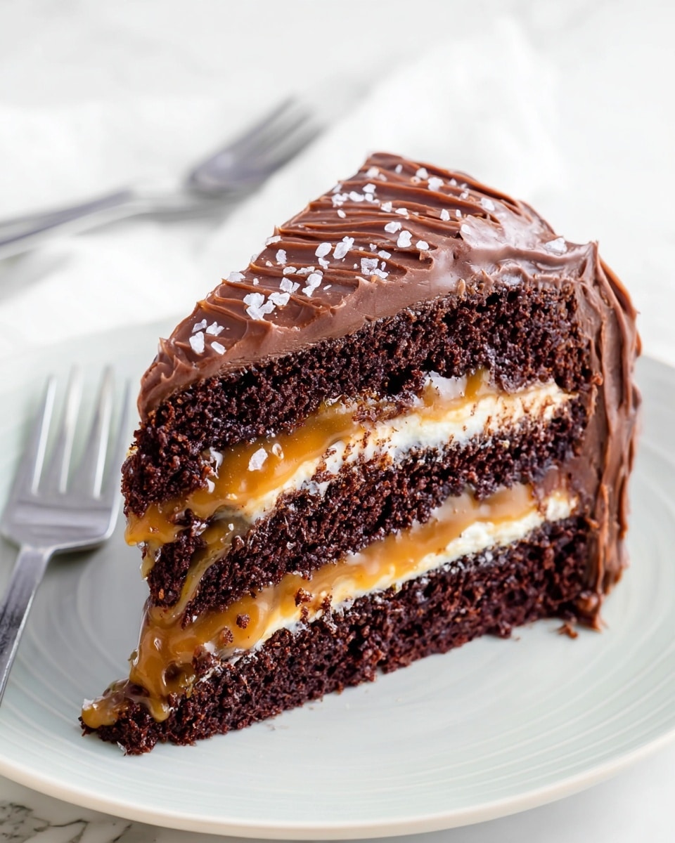 A slice of chocolate cake is shown on a white plate with three layers of rich dark chocolate sponge. Between each sponge layer, there are thick layers of creamy caramel and smooth white frosting. The outside of the cake is covered in a thick, glossy chocolate frosting with a few sprinkles of coarse salt on the side. A silver fork is blurred in the background on a white marbled surface. The textures are moist and creamy, with the frosting looking soft and spread with homemade swirls. Photo taken with an iphone --ar 4:5 --v 7