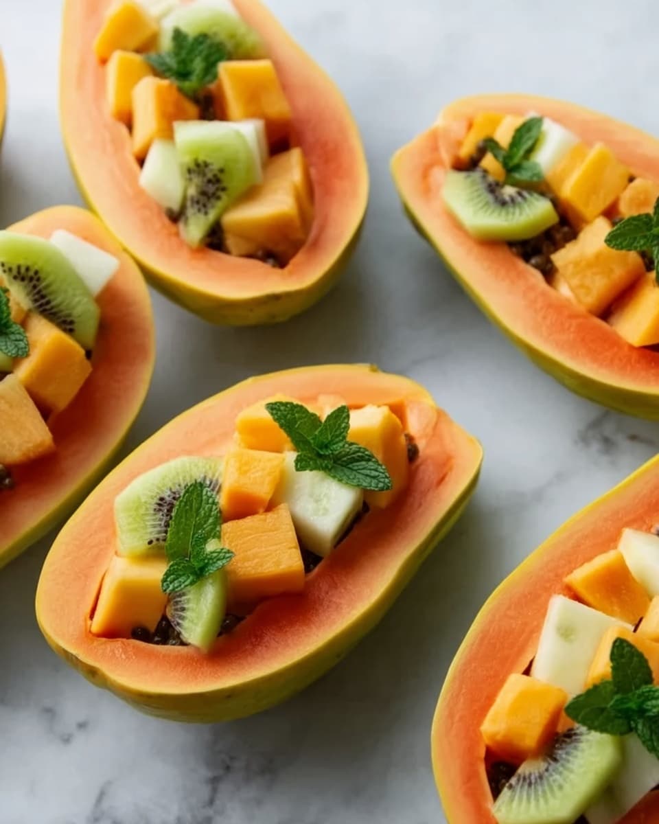 The image shows several white papaya halves filled with cubes of green kiwi, light yellow melon, and orange papaya fruit pieces. Each papaya half has a smooth orange layer forming the base and sides, with the hollowed middle holding the colorful fruit cubes stacked in layers. Some of the papayas have small green mint leaves on top as garnish. All the papayas are placed on a white marbled surface, creating a fresh and vibrant look. photo taken with an iphone --ar 4:5 --v 7