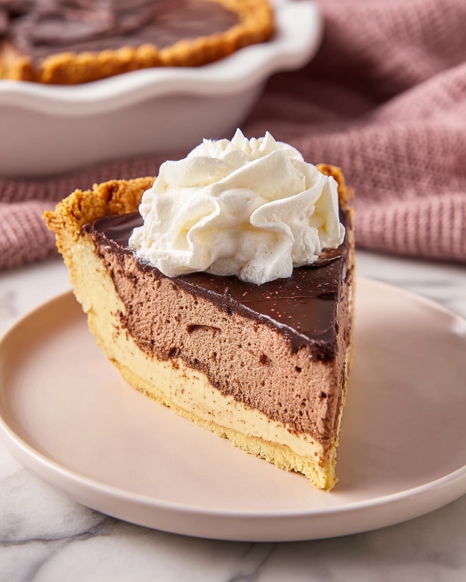 A pie with one layer, consisting of a golden brown, flaky crust around the edges and a smooth, dark chocolate filling spread evenly inside. The pie is in a white ceramic dish with fluted edges, sitting on a textured dusty pink cloth on a white marbled surface. In the background, there is a clear glass vase with small pink flowers on the left and two stacked pink cups on the right. A light-colored wooden spoon with a heart-shaped cutout is placed in front of the pie. Photo taken with an iphone --ar 4:5 --v 7