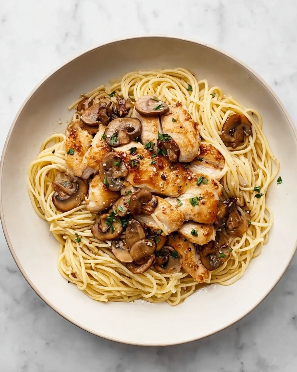 A white shallow bowl holds a serving of light yellow spaghetti noodles arranged in a loose pile as the base layer. On top, there are golden brown cooked chicken pieces with a slightly crispy texture and some cut to show the white inside. Scattered around and on top of the noodles and chicken are browned, cooked mushroom slices with a soft texture. Small green herb pieces are sprinkled over the dish, adding a fresh touch. The bowl sits on a white marbled surface. photo taken with an iphone --ar 4:5 --v 7