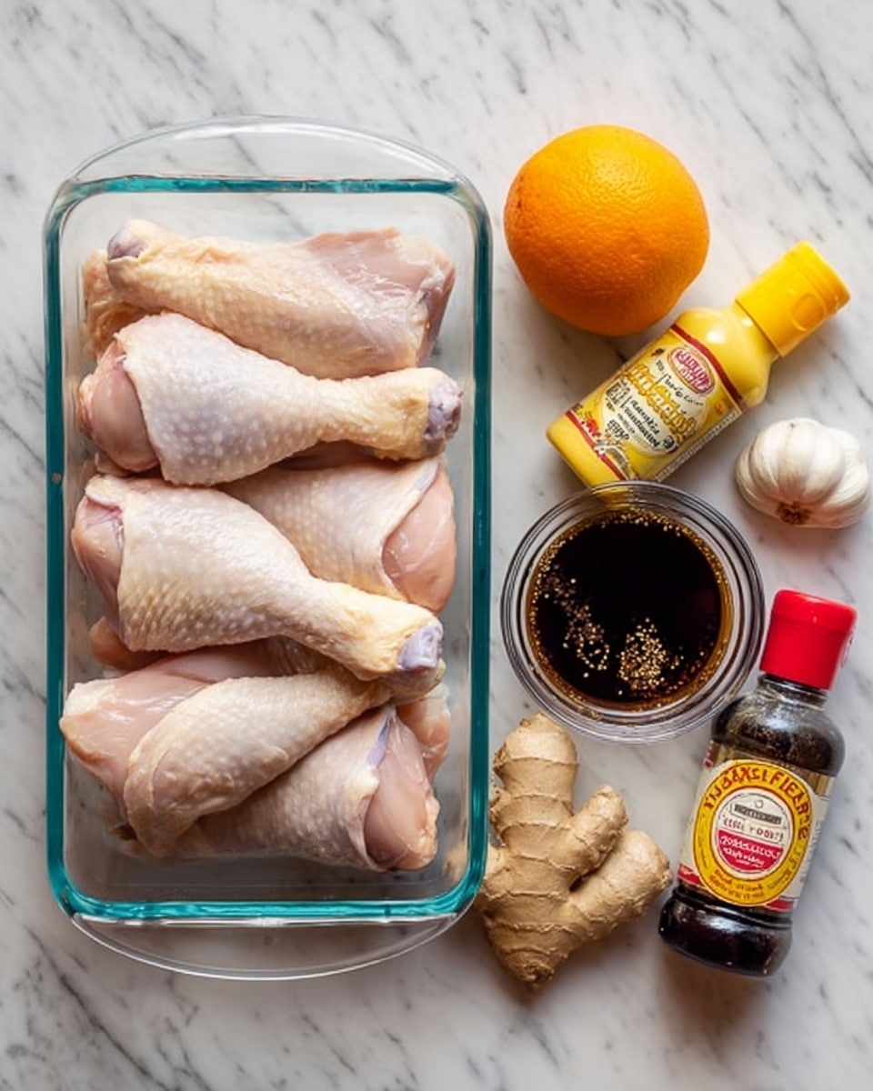 The image shows a glass dish filled with several raw chicken drumsticks stacked in layers, with a light pink and creamy skin texture. To the right of the dish, there is a small transparent cup filled with a dark brown liquid with some spices floating on top, an orange with bright orange skin, a piece of fresh ginger with light brown knobby skin, three pale garlic cloves, a yellow mustard bottle, and a dark brown bottle of soy sauce with a red cap. All items are placed on a white marbled surface. photo taken with an iphone --ar 4:5 --v 7
