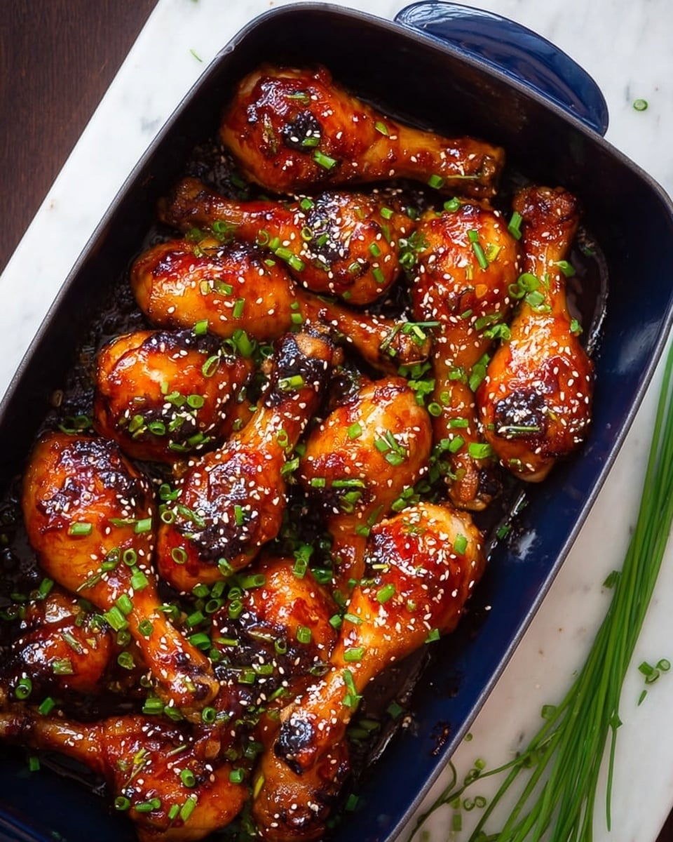 A dark blue roasting pan filled with about twelve shiny roasted chicken drumsticks, each drumstick coated in a sticky, rich brown glaze with some parts darker and slightly charred. The drumsticks are sprinkled with small, white sesame seeds and finely chopped bright green chives scattered evenly on top. The pan sits on a white marbled surface, and some green chive stems lie nearby. The drumsticks are closely packed, creating a layered pile with the thick glossy sauce reflecting light, giving a fresh and tasty look. photo taken with an iphone --ar 4:5 --v 7