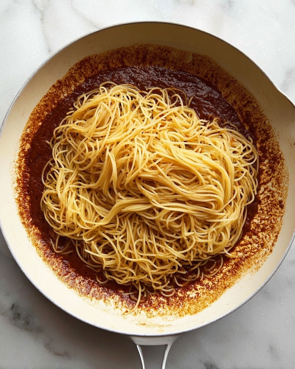 A white pan with a dark reddish-brown sauce layer covering the bottom and sides, topped with a pile of light yellow cooked thin spaghetti noodles arranged loosely on top. The sauce layer has a textured, slightly oily look around the edges, and the noodles have a smooth, soft appearance. The pan is resting on a white marbled surface. photo taken with an iphone --ar 4:5 --v 7