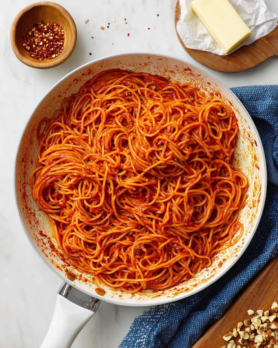 A large white pan filled with a single layer of cooked spaghetti noodles evenly coated in a rich red tomato sauce, the noodles are glossy and slightly twisted throughout the pan. The pan’s edge shows some sauce stains, and the handle extends toward the bottom left corner. Around the pan, there is a white marbled surface with a small wooden bowl of red pepper flakes at the top left, a small block of butter wrapped in white paper above the pan, a blue cloth with white spots to the right, and a wooden cutting board with chopped nuts at the bottom right. photo taken with an iphone --ar 4:5 --v 7