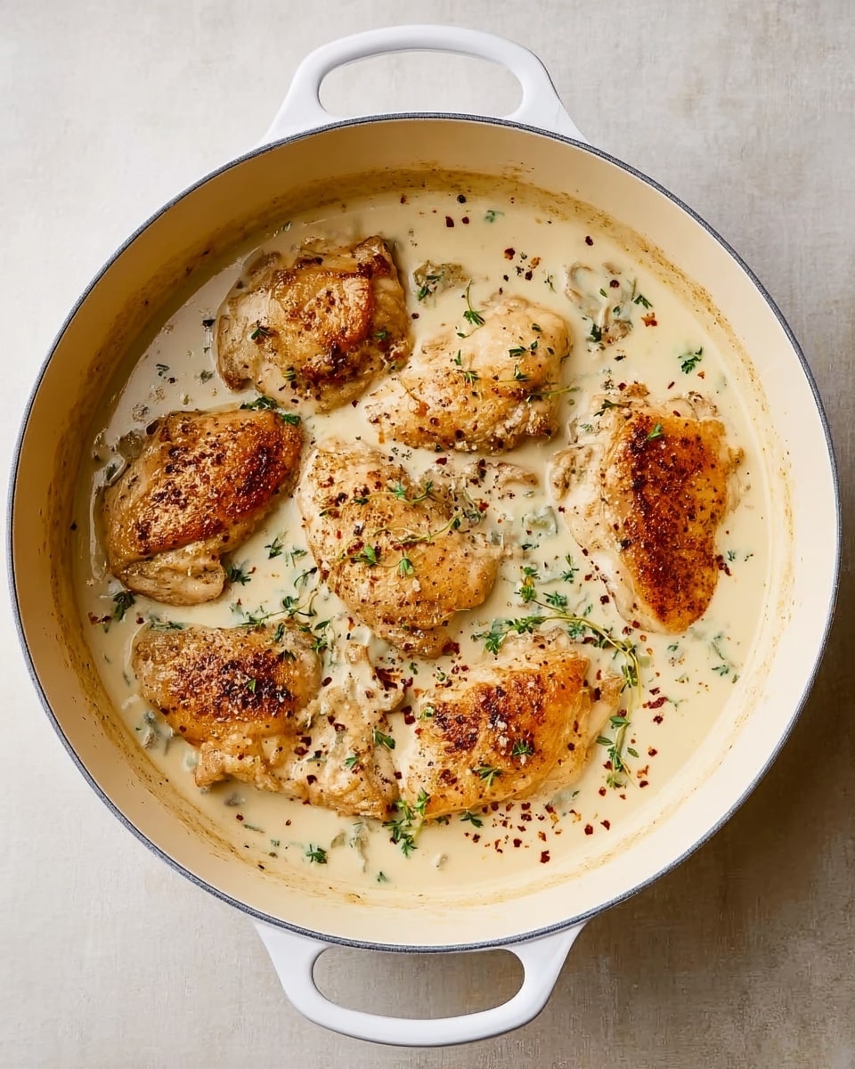 A white pot filled with a creamy light beige sauce that has small green herb bits scattered inside. On top of the sauce, there are seven pieces of golden brown cooked chicken, each piece varying in size and placed unevenly around the pot. The chicken looks lightly seasoned with visible pepper and small red spice flakes. The pot is sitting on a white marbled surface. photo taken with an iphone --ar 4:5 --v 7