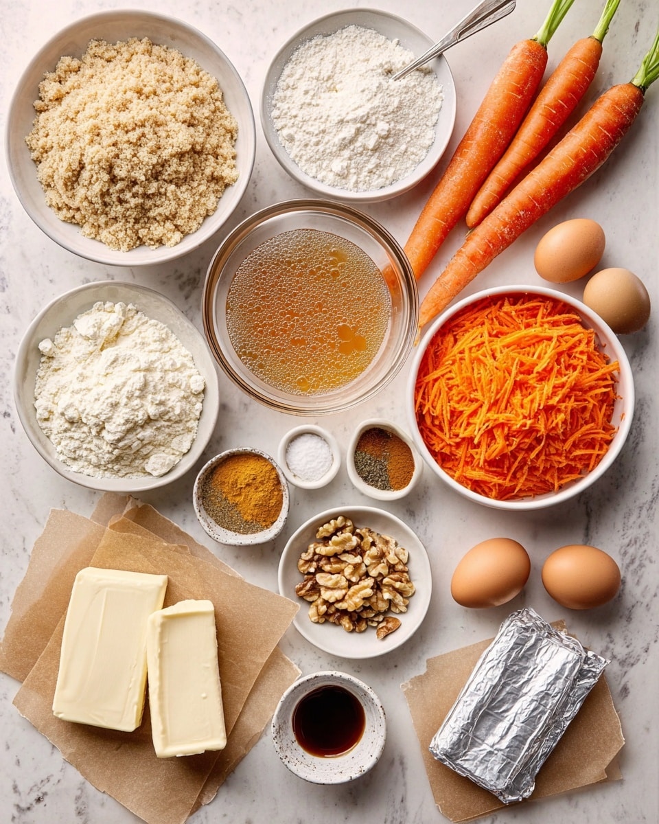 A white marbled surface holds several white bowls and small dishes with ingredients arranged neatly. Starting from the top left, a large white bowl is filled with light brown crumbly sugar. Near it to the right, fresh orange carrots with green tops rest diagonally. Below and centered is a medium glass bowl with a light brown bubbly liquid and a silver spoon inside. To the right, a large white bowl is fully packed with bright orange grated carrots. Next to it are two small white dishes, one with dark brown and golden powders and the other with white salt crystals. Below the grated carrots, a small brown bowl holds chopped light brown nuts. Slightly left and below is a white bowl with light beige applesauce. Further down, three blocks of smooth, creamy white cream cheese sit partially wrapped in silver foil. To the bottom left on light brown parchment paper are two pale yellow butter sticks, one whole and one cut in half. Above them, a white bowl is filled with white powdery flour, and to its upper left is a similar bowl with white powdered sugar. Beside the bowls on the left, are three brown eggs and a small dark brown bottle and a small white cup with dark liquid. All items are softly lit with natural light. photo taken with an iphone --ar 4:5 --v 7
