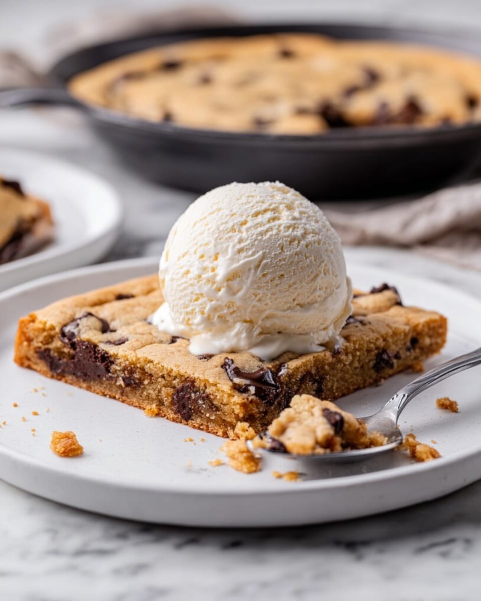 A white round plate holds a large square piece of golden brown chocolate chip cookie with visible dark chocolate chunks inside and on top. On the cookie is a single scoop of creamy off-white vanilla ice cream with soft texture, slightly melting at the edges. A silver spoon with a small bite of the cookie and ice cream rests on the plate to the right. The scene is set on a white marbled surface, with an out-of-focus black pan with more cookie pieces in the background. Photo taken with an iphone --ar 4:5 --v 7