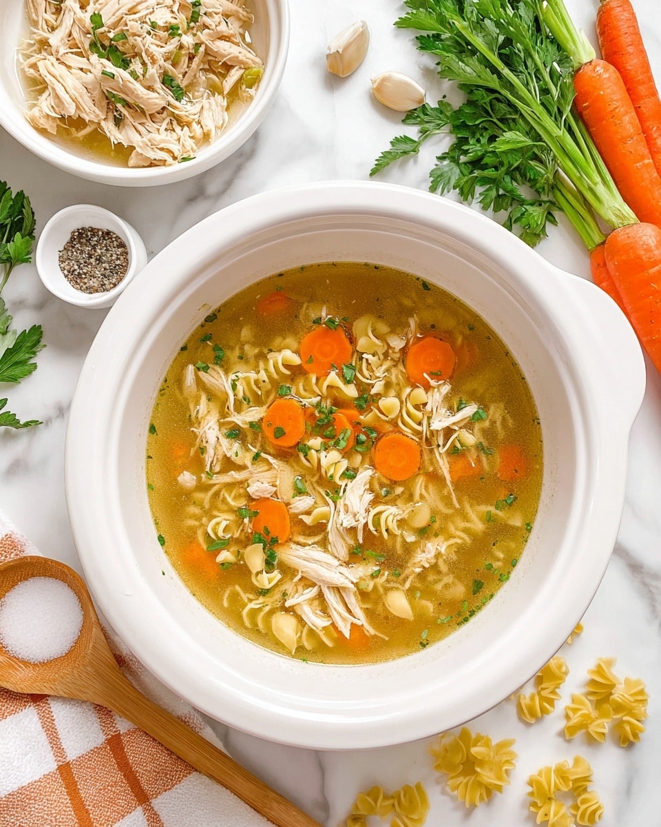 A white bowl filled with clear broth soup showing light orange carrot slices, pale yellow pasta spirals, and shredded white chicken pieces, all sprinkled with small bright green chopped herbs floating on top. Around the bowl, there is another white bowl with shredded chicken, fresh green parsley bunch, two orange carrots and two green celery stalks on a white marbled surface. Small white dishes hold salt and black pepper near the carrots with some scattered uncooked pasta spirals and garlic cloves nearby. A wooden spoon with a light brown handle and a white and orange checkered cloth are placed to the side. Photo taken with an iphone --ar 4:5 --v 7