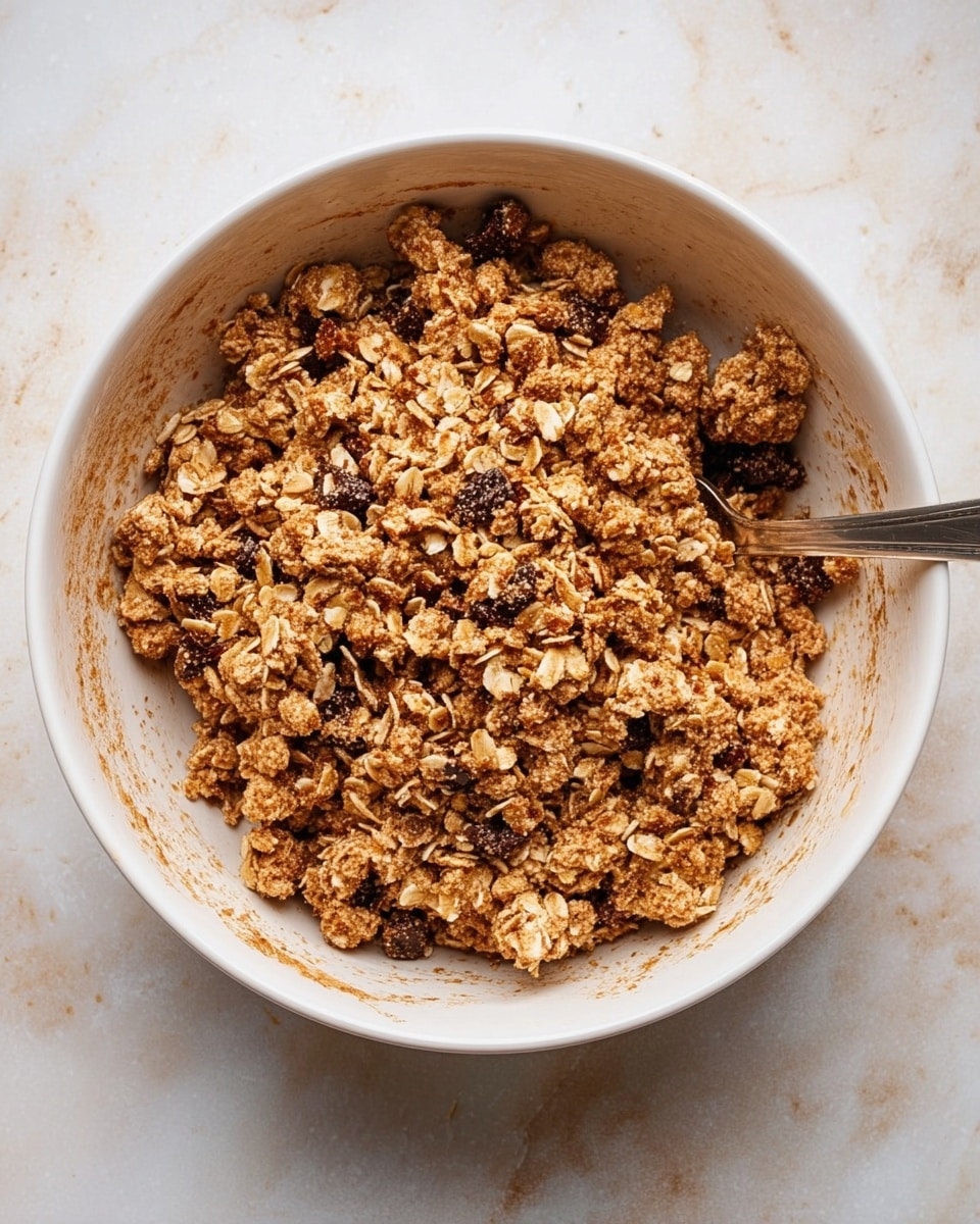 A white bowl filled with a crumbly mixture made of oats and small dark chocolate or raisin pieces. The mixture looks dry and clumpy with a rough texture, showing the individual oat flakes clearly. A metal spoon is partly visible, resting inside the bowl among the mixture. The bowl is placed on a white marbled surface with subtle brown spots around the rim inside the bowl. photo taken with an iphone --ar 4:5 --v 7