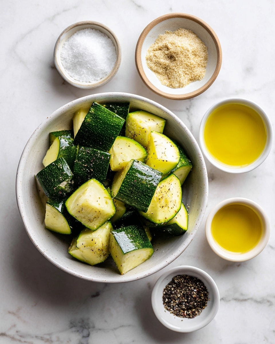 A top view of four small white bowls arranged on a white marbled surface. The center bowl is filled with thick chunks of green zucchini with pale inner flesh. Clockwise from the top left, there is a small bowl with coarse white sea salt, another small bowl with light brown garlic powder, a third bowl with cracked black pepper, and the last bowl has a golden yellow oil, labeled as avocado or olive oil. Each ingredient is clearly separated, with a clean and bright look. photo taken with an iphone --ar 4:5 --v 7