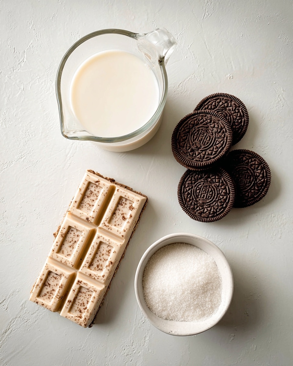 The image shows a flat white marbled surface with four main items evenly spaced: a clear glass measuring cup filled with white milk on the upper left, a large light beige chocolate bar with darker cookie bits on the upper right, a cluster of four round dark chocolate sandwich cookies with detailed patterns on the lower left, and a white bowl filled with white granulated sugar on the lower right. The items are arranged neatly with soft natural lighting highlighting their textures photo taken with an iphone --ar 4:5 --v 7