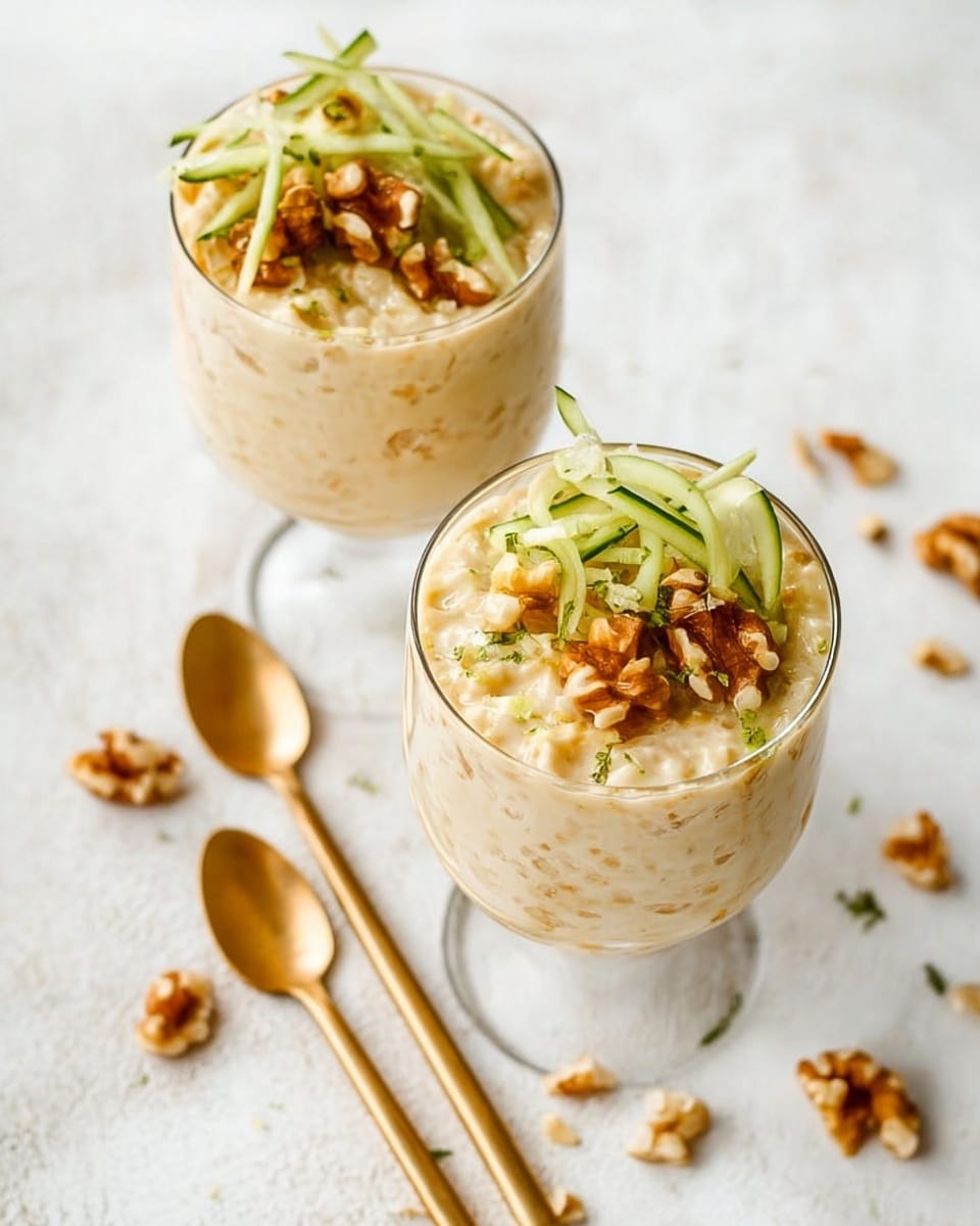 The image shows two glass cups filled with a creamy, light beige mixture that has a thick, slightly textured consistency. Each cup is topped with small pieces of walnuts and thin, light green cucumber strips scattered on the surface. The cups are placed on a white marbled texture surface, and beside them lie two gold-colored spoons positioned parallel to each other. Some walnut crumbs and cucumber bits are scattered loosely around the cups on the surface. The photo taken with an iphone --ar 4:5 --v 7