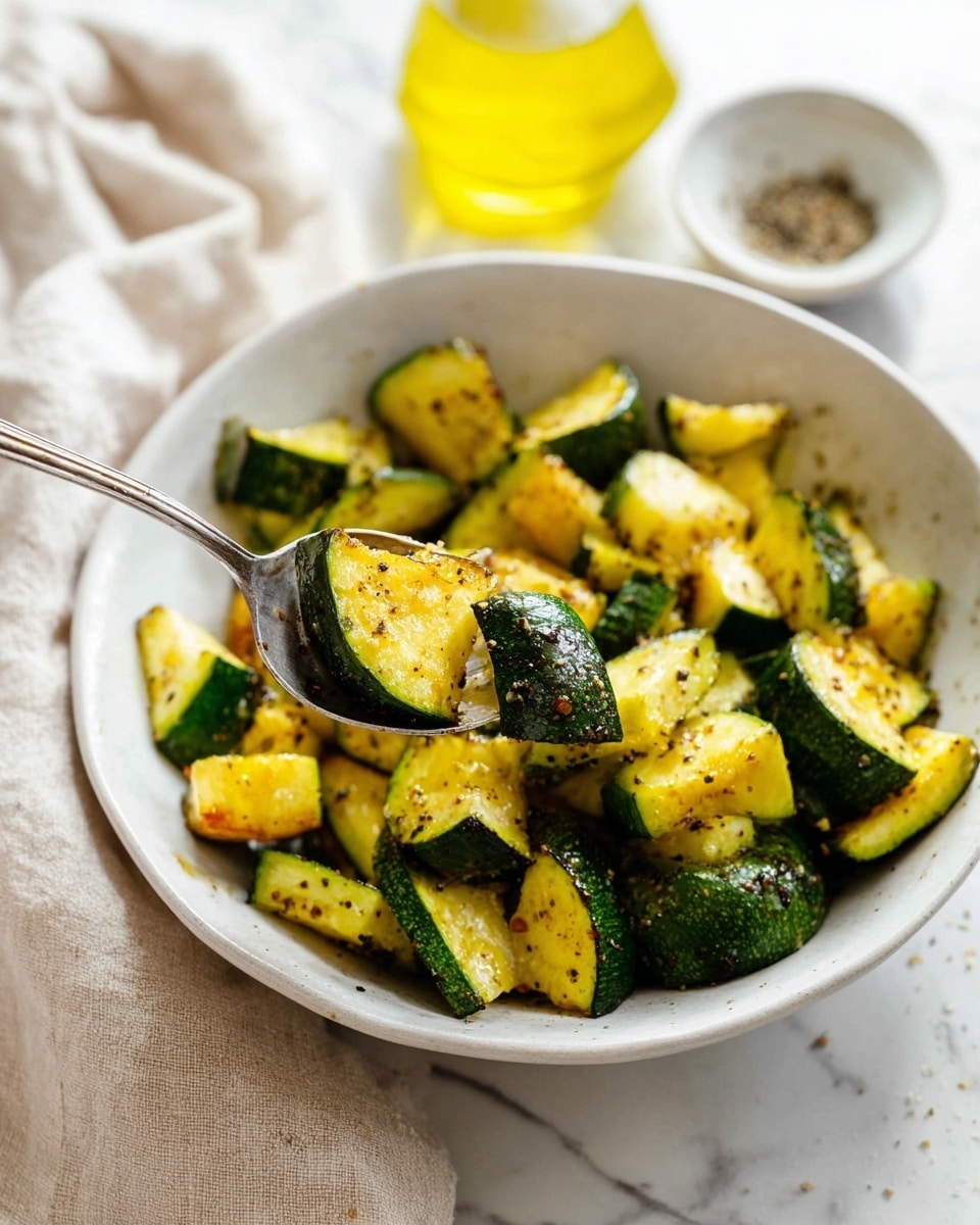 A close-up of roasted zucchini pieces in a white bowl on a white marbled surface. The zucchini chunks have dark green skin with a golden-yellow roasted inside, speckled with black pepper and seasoning. A silver spoon holds a small portion of the zucchini above the bowl, showing the texture and slight browning on the edges. In the background, there is a glass bottle with yellow oil and a small bowl with ground black pepper on the same white marbled surface. The scene has natural light and a soft beige cloth next to the bowl photo taken with an iphone --ar 4:5 --v 7