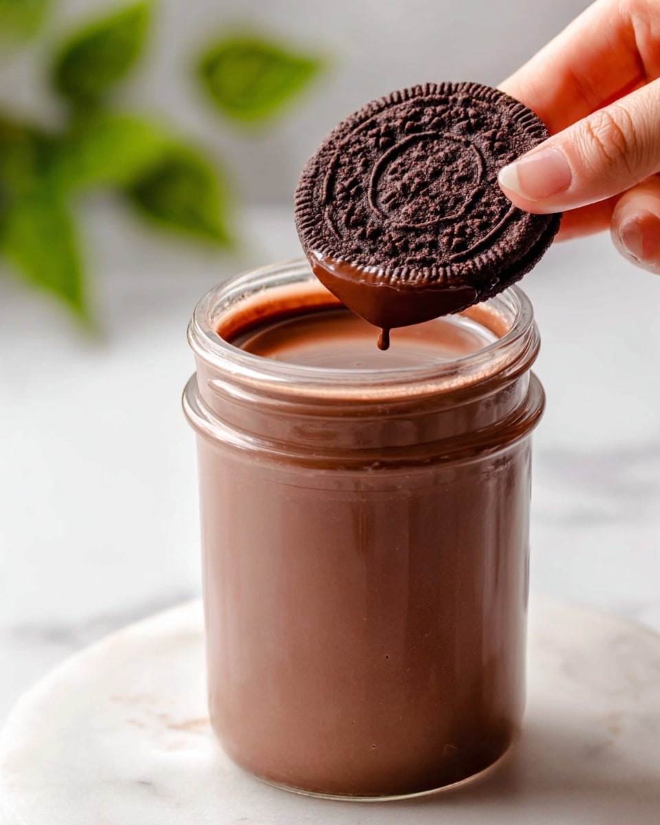 A close-up image showing a woman's hand holding a dark brown cookie with visible patterns dipped halfway into a clear glass jar filled with smooth, thick chocolate milk. The cookie’s lower half is covered in chocolate milk, with a small drop falling back into the jar. The background has a soft focus with green leaves and the surface is white marbled. The glass jar features a simple design with rounded edges and the chocolate milk inside shows a gently stirred texture. photo taken with an iphone --ar 4:5 --v 7