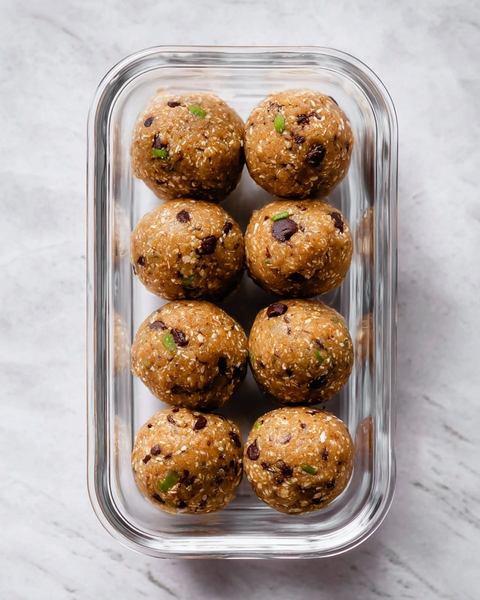 A clear glass rectangular container holds two neat rows of round energy balls, with five balls in each row. The balls have a light brown color with visible small dark chocolate bits and tiny green flecks scattered throughout, giving them a textured look. The surface they are on is white with a soft marbled pattern. Photo taken with an iphone --ar 4:5 --v 7