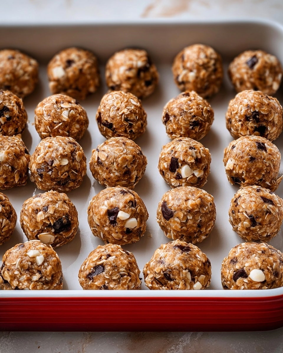A white roasting pan with a red rim filled with 35 round dough balls arranged in rows, each dough ball showing a rough texture with visible oats, small dark chocolate chips, and white chunks. The dough balls have a light brown color with a slightly speckled surface indicating mixed ingredients. The background is a white marbled texture. photo taken with an iphone --ar 4:5 --v 7