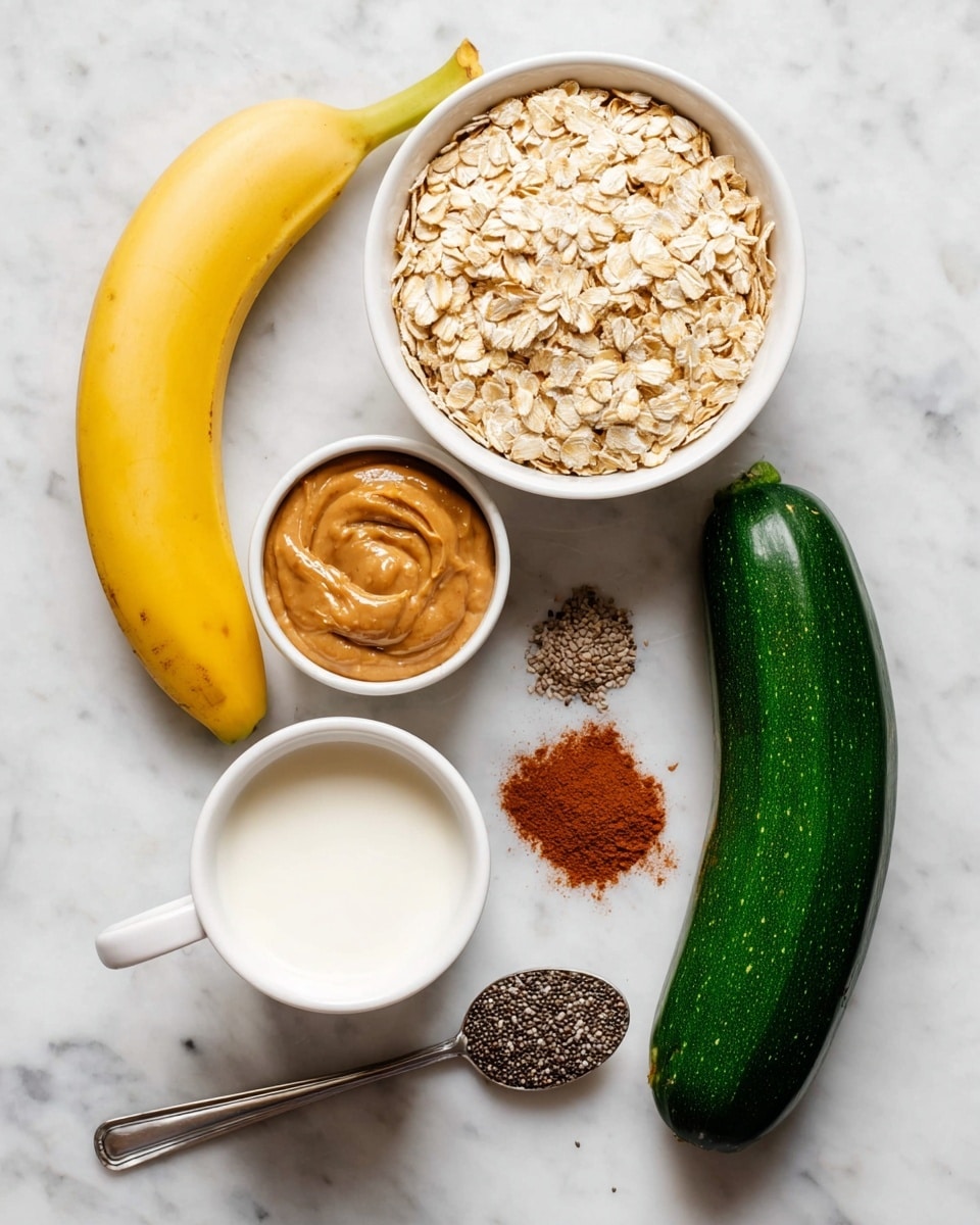 The image shows six ingredients on a white marbled surface: a white bowl full of light beige rolled oats at the top center, a small white bowl with creamy brown peanut butter to the left, a ripe yellow banana below the bowls, a whole dark green zucchini on the right side, a white cup filled with white milk below the banana, a metal spoon with small black and white chia seeds at the bottom right, and a small spoon with reddish-brown cinnamon powder above the chia seeds. photo taken with an iphone --ar 4:5 --v 7