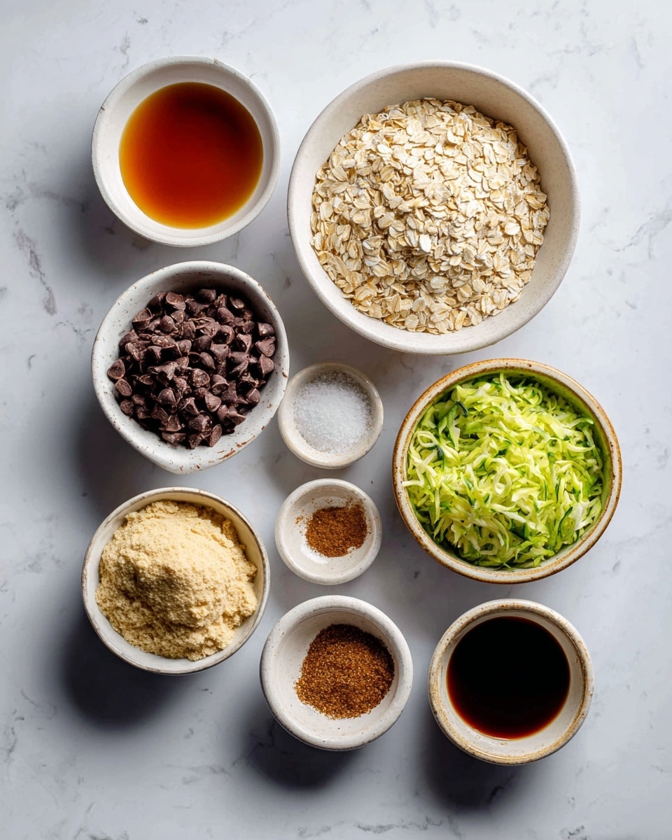 The image shows eight white bowls with different ingredients placed on a white marbled surface. Starting from the top left, a white bowl holds bright amber maple syrup, next to it a smaller white bowl contains dark brown chocolate chips. To the right, a bowl full of light beige quick oats is positioned. Below the oats, a bowl holds fresh green shredded zucchini. In the middle center, a bowl contains pale yellow protein powder. On the bottom left, a bowl has creamy light brown almond butter. To its left, a small bowl holds three spices: cinnamon powder, salt, and nutmeg arranged in small mounds. Lastly, a very small white bowl at bottom center right contains dark brown vanilla liquid. Each bowl displays its contents clearly, creating a tidy and organized look. Photo taken with an iphone --ar 4:5 --v 7